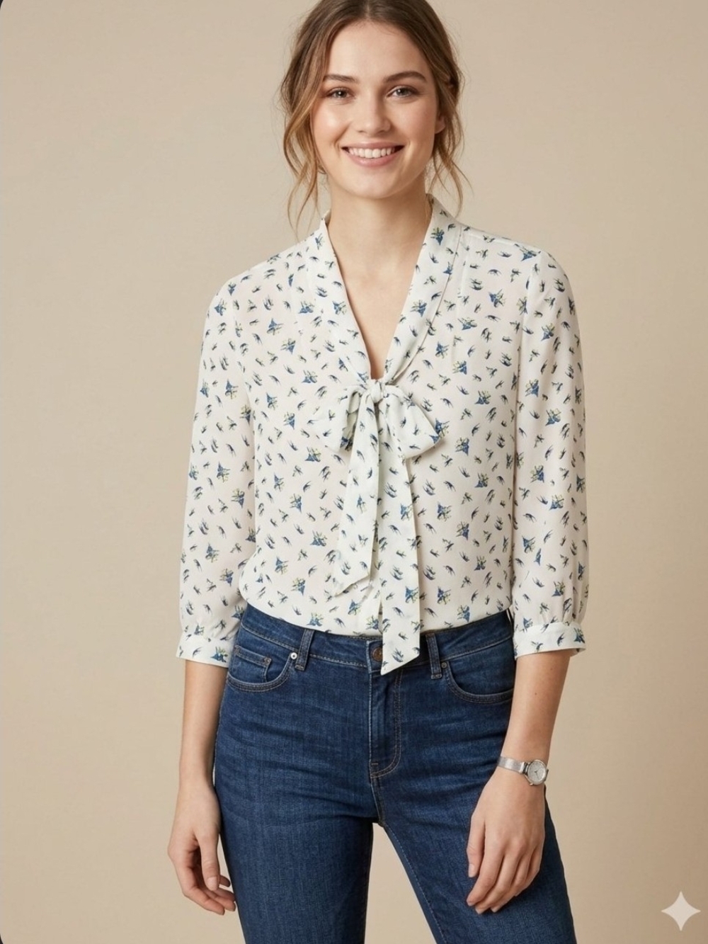 Jigsaw London 100% Silk Bird Print Tie Neck Blouse Top Size UK 8 / US 4